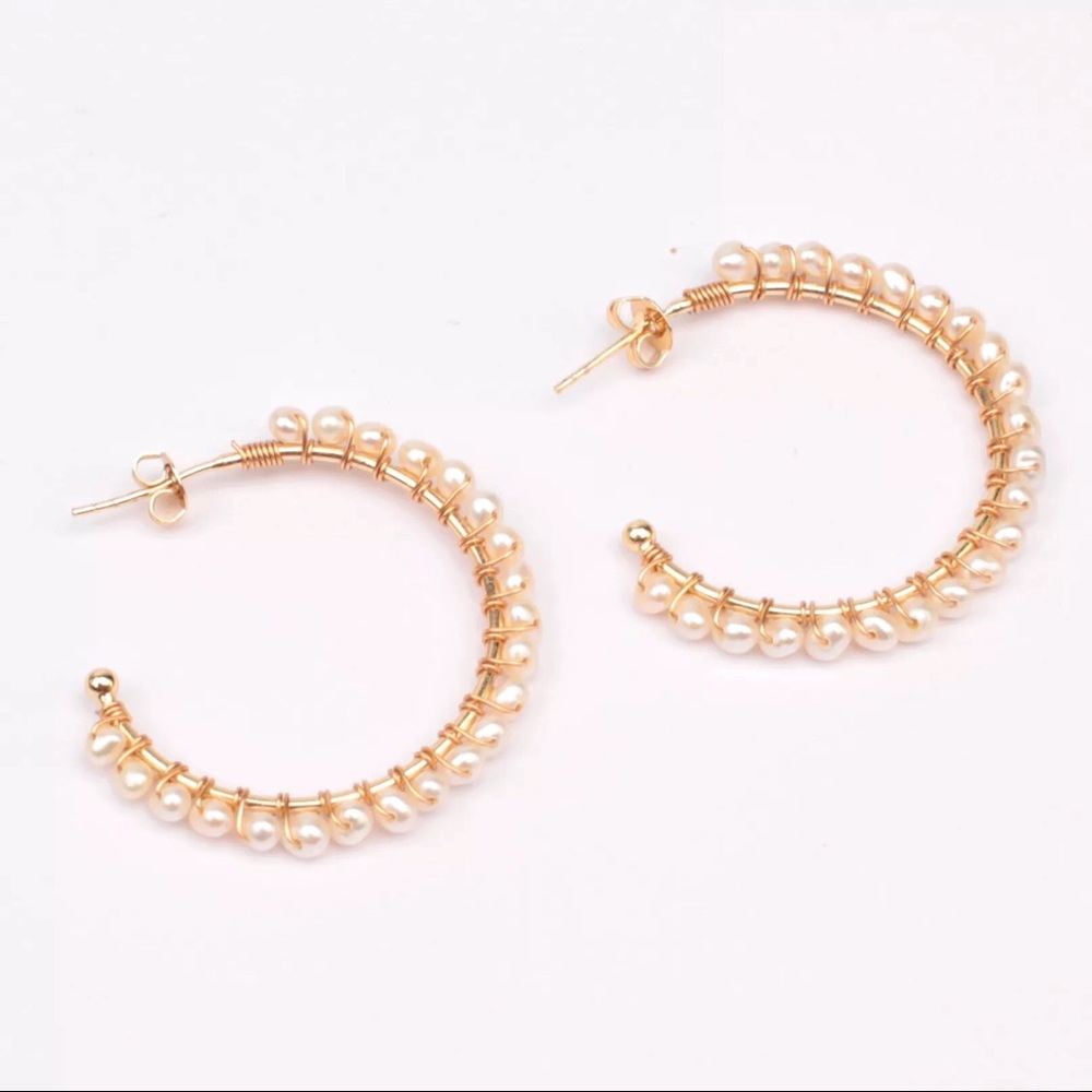 MARTINA - Large circle genuine pearl hoop earrings